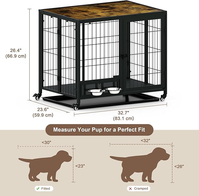 Heavy Duty Dog Crate for Small Dogs, 3 in 1 32.7" Foldable Collapsible Dog Kennel & Playpen with Lockable Wheels & Feeding Bowls, Escape-Proof Metal Dog Cage for Indoor Outdoor Use, Rustic Brown