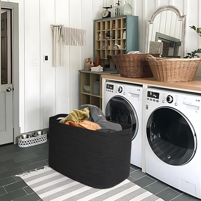 108L Extra Large Storage Basket, 25" x 16" x 16" Black Blanket Basket Living Room, Oversized Cotton Rope Blanket Storage, Woven Kids Dog Toy Bin Box Organizer, Laundry Shoes Towel Bin, Black
