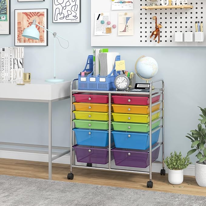 12 Drawer Rolling Storage Cart, Art Cart Organizer on Wheels, Mobile Utility Cart with Drawers, Multipurpose Craft Drawers for Home Office School Classroom (Rainbow)