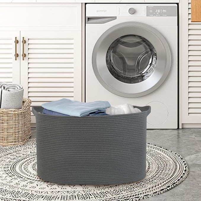 Extra Large Rope Basket, 23.6" x 17" x 12" Rectangle Wicker Baby Laundry Basket, Kids Toy Storage Baskets, Woven Basket for Blankets Clothes Pillows, Laundry Room Organization, Dark Grey