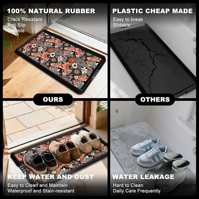 BEHERO Boot Tray Shoe Mat Decorative Patterned, Rubber Shoe Matt Tray Indoor/Outdoor Use, 16" x47.5" Shoe Cleaning Mat Non-Slip, Shoe Storage Waterproof Flower Prints for Entryway, Sunlit Blossom