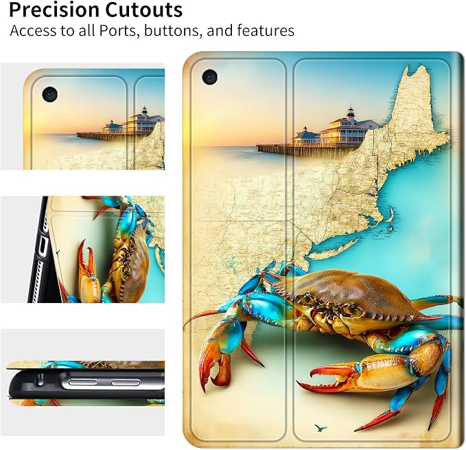 for Samsung Galaxy Tab A9 8.7 Inch 2023 (SM-X110/X115/X117) Case | Slim Leather Smart Cover with Multi-Angle Anti-Slip Stand [Auto Wake/Sleep] Shell for Women Men - Map Crab