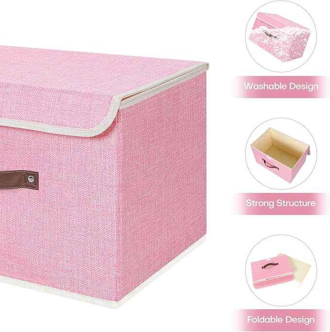 ANMINY Fabric Storage Box Bins with Lids, Pink, 13"x9"x7.9", 2 Pack | Keepsake Memory Storage, Cotton Linen, PP Board Reinforced, Washable, PU Handles, Foldable & Stackable, Decorative, Medium