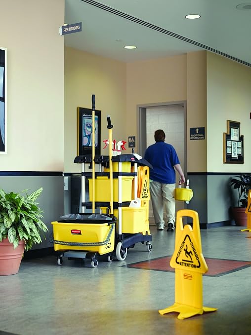 Rubbermaid Commercial Products High-Capacity Janitorial Cleaning Cart with Bins, Black, Zippered Vinyl Bag and Wheels, Transport Cleaning Supplies in School/Facility