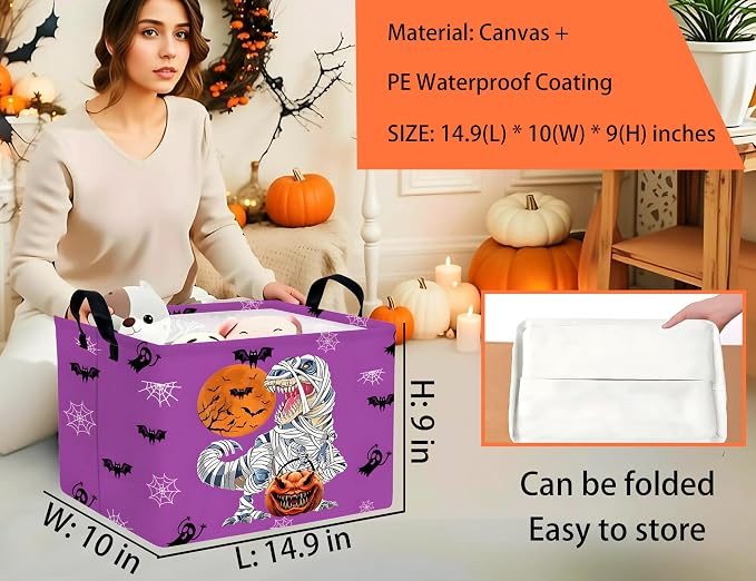 Large Halloween Themed Candy Gift Boo Basket for Kids Baby Personalized Adults Storage Bin Fall Decor(Purple Dinosaur)