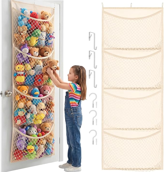 Wide Over The Door Stuffed Animal Storage, Cotton Toy Organizer for Plush Toys, Baby Supplies, Stuffed Animal Holder with 4 Large Pockets, Hanging Door Organizer for Nursery, Bedroom, Kids Room