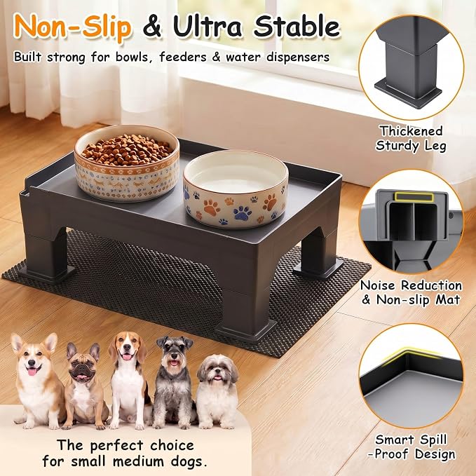 Elevated Dog Bowl Stand and Waterproof Non Slip Mat,1 Set,Gray Pad | Reduce Neck, Joint and Spinal Strain, Sturdy Legs, Easy Clean Silicone Pet Food Mat, For Small & Medium Dogs, Cats