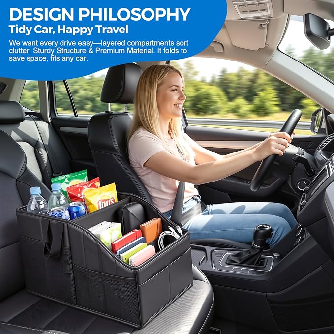 WHHMK Sturdy Leather Car Storage Support Up to 33 LB of Weight, Black | Car Backseat Organizers, Front Seat Organizer, Floor Organizer and Storage Used for SUV Truck Toy Snack Water Bottle Holder