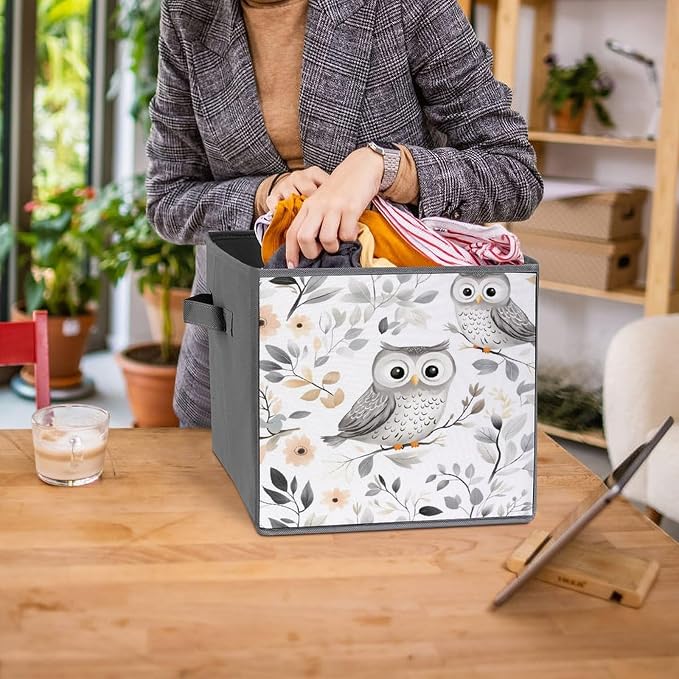 Whimsical Owl Foldable Storage Bins, 10.6" Cube Storage Organizer, Sturdy Oxford Cloth Fabric Baskets for Closet, Shelf, Nursery, Bedroom, Decorative Printed Box for Toys & Clothes