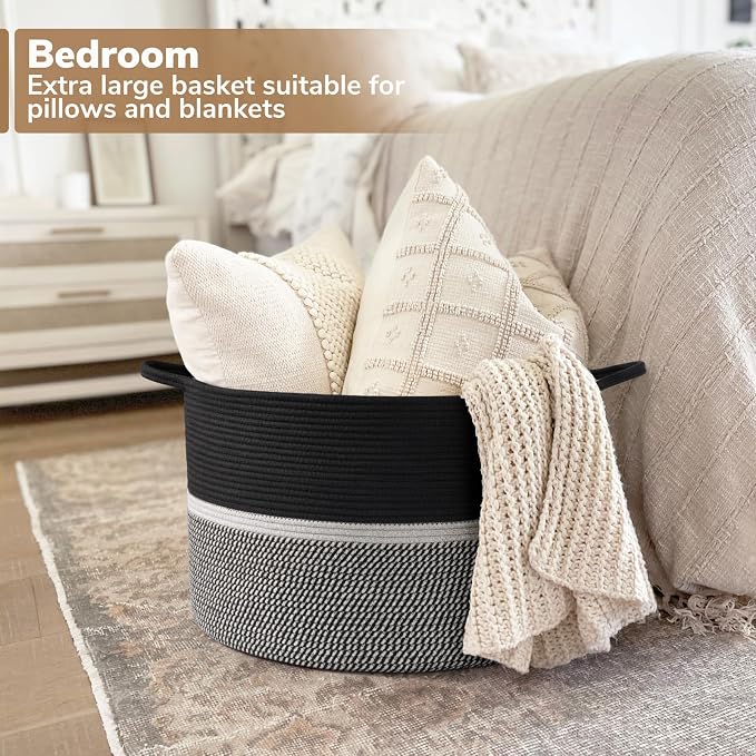 CHICVITA Extra Large Woven Rope Blanket Basket with Handles, Black | Laundry basket for towels, clothes, toys, pillows. For living room, family room, 22x22x14 inches