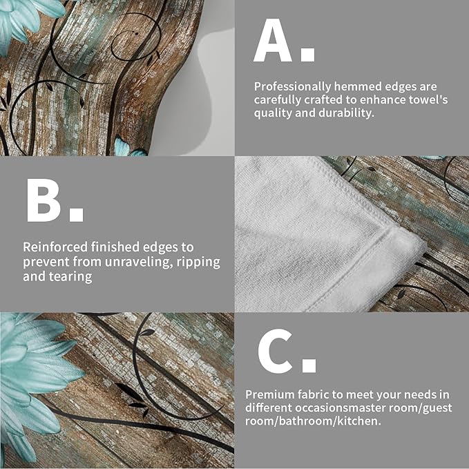 Giwawa Rustic Barn Sunflower Wooden Hand Towel 15x30 Set of 2, Fall Teal Daisy Flower Plank Fingertip Towel Retro Board Face Towel Country Barnwood Washcloth for Bathroom Farmhouse Log Cabin