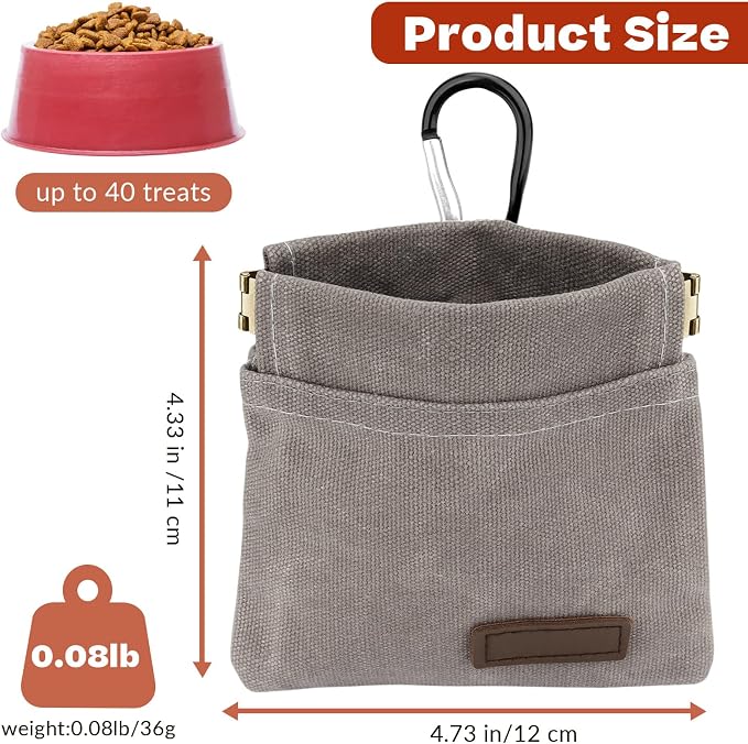 Dog Treat Pouch, Portable Auto Closing Dog Training Treat Bag with Carabiner, Hands Free Pocket Sized Snack Reward Pouch for Puppy Walking Travel Outdoor Use, Gray