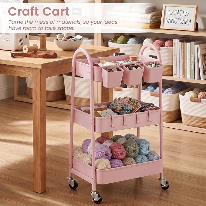 danpinera 3-Tier Rolling Cart, Utility Cart Mobile Metal Rolling Storage Cart with Lockable Wheels & Hanging Cups & Hooks for Kitchen, Bathroom, Office, Workshop, Pink