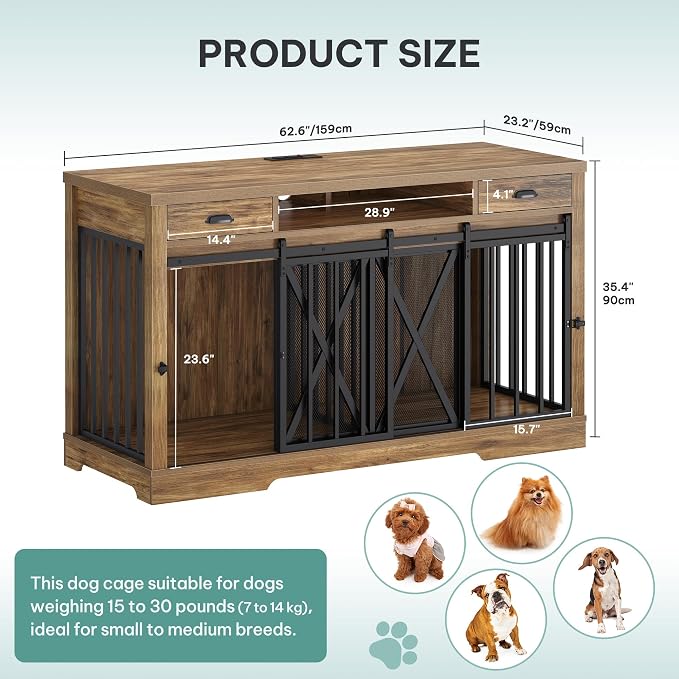 YITAHOME 63" Double Dog Crate TV Stand with Charging Station for 2 Dogs | Heavy Duty Wooden Cage, Dog Kennel Indoor Furniture Double Sliding Barn Door Design Ideal for 2 Dogs, Oak