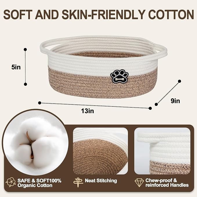 Small Dog Toy Basket, Soft Cotton Rope Dog Cat Toy Bin, Woven Storage Basket for Living Room Nursery, Cats Pet Gift Basket Empty, Decorative Wicker Storage Box with Handle, 13"x 9"x 5"
