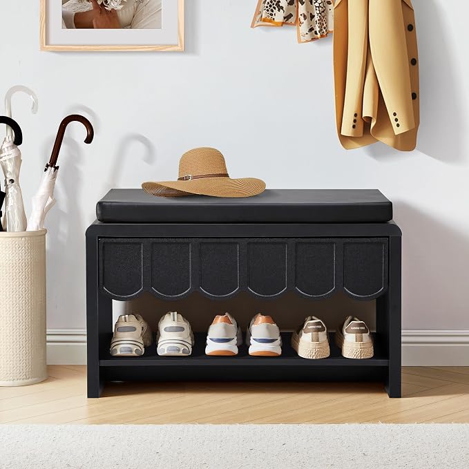 ORRD Shoe Storage Bench with Cushion, Shoe Rack Organizer Cabinet Bench with Wave Panel Drawer and Open Shelf for Entryway, Hallway, Living Room (Black)