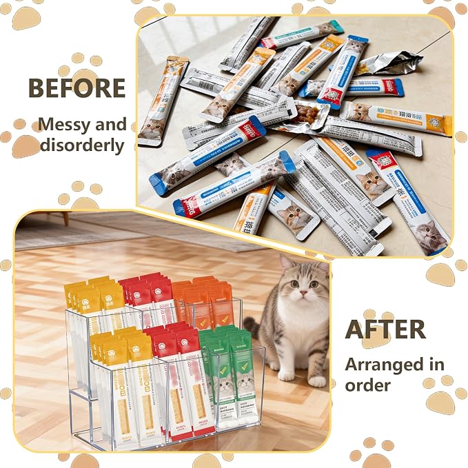 Lickable Cat Treats Organizer, Clear Acrylic Squeeze Up Storage Rack with 6 Compartments, Puree Tube Holder for Kitchen Pantry Cabinet Shelf Countertop