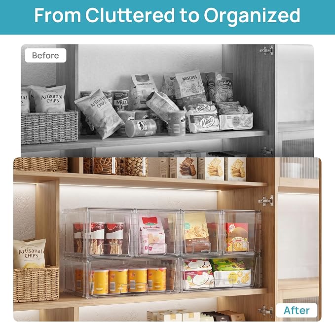 Vtopmart Clear Stackable Storage Drawers, 4 Pack Wide Organizer Set | Wide and Medium Pull-Out PET Drawers with Stackable Design for Balanced Storage, Kitchen Cabinets, Closets and Pantry