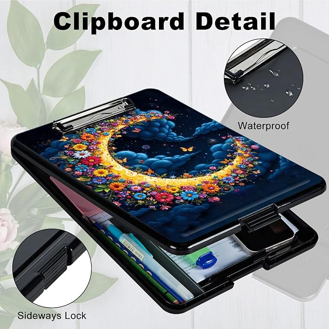 Heavy Duty Storage Clipboard, Slim Nursing Clipboard with Internal Pen Case, Portable File Organizer Case for A4 Letter Size Paper Office Medical Professionals, Dark Clouds Moon