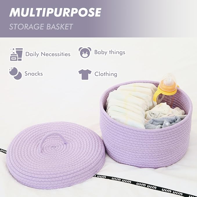 Sea Team Round Storage Basket, Woven Cotton Rope Basket with Lid, Lavender | Decorative Knitted Storage Bin, Multi-Purpose Lidded Organizer for Closet Shelves, Nursery and Household Storage