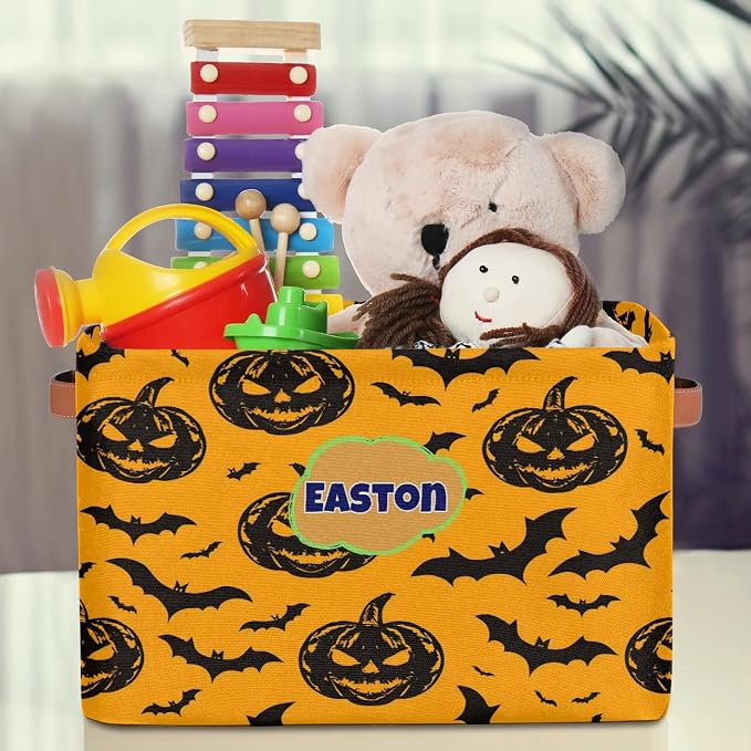 Custom Storage Baskets Name, Personalized Storage Bins Basket Boxes PU Leather Handles for Clothes Bedroom Closet Organizing Toys Books Shelves, Black Halloween Pumpkin Bats Pattern Yellow