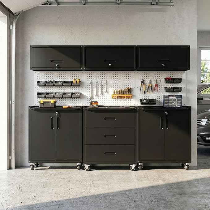 Garage Cabinet System | Heavy Duty Steel All-in-One Modular Garage Cabinet Set for Ultimate Workshop Organization | Easy Assembly Garage Storage Cabinets & Tool Bench