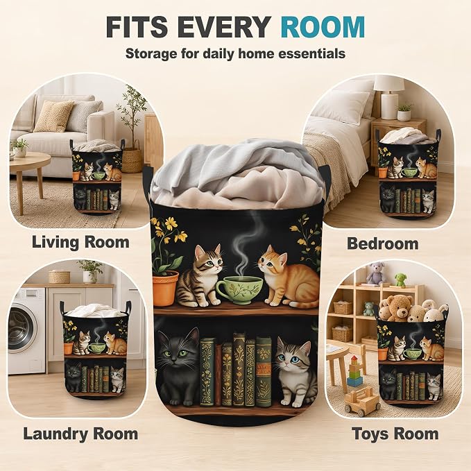 Laundry Basket,Cat Bookshelf Foldable Clothes Hamper with Handles,Library Floral Plants Waterproof Oxford Cloth Storage Organizer for Bedroom Bathroom College Dorm,16" x 20"