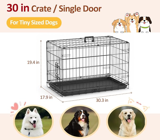 30 Inch Single Door Dog Crate, Sturdy Metal Wire Cage with Leak-Proof Tray | Heavy-Duty Rust Resistant Wire Dog Kennel with Removable Tray, Sturdy Frame Protects Pets & Home Furniture Safely