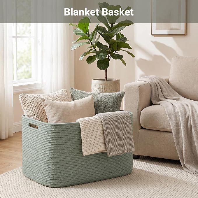 Large Laundry Basket/Hamper, 25"x16"x16" Green Rectangle Basket | Toy Storage Basket, Baby Blanket Basket, With Handle, Shelf Basket, Living Room Organizing