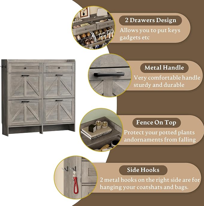 BORNOON Shoe Storage Cabinet for Entryway, Farmhouse Wide Shoe Cabinet with 4 Flip Drawers and 2 Top Drawers, Freestanding Organizer with Adjustable Shelves, Hooks, and Anti-Tip Kit for Hallway