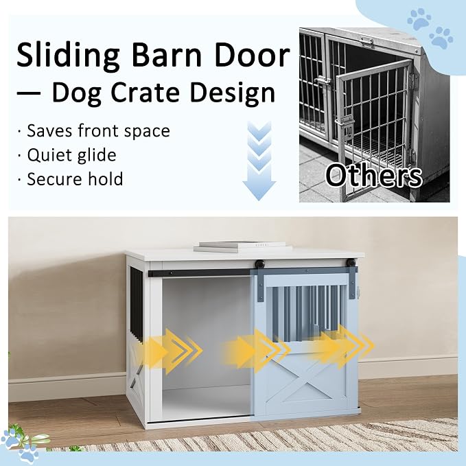36" Wooden Dog Crate Furniture,Big Kennel Pet Cage End Table for Indoor | for Large Medium Dogs, White, Fits Living Room Bedroom, Heavy Duty Steel Frame,Sliding Barn Door,60 lbs Cap, 100 lbs Top.