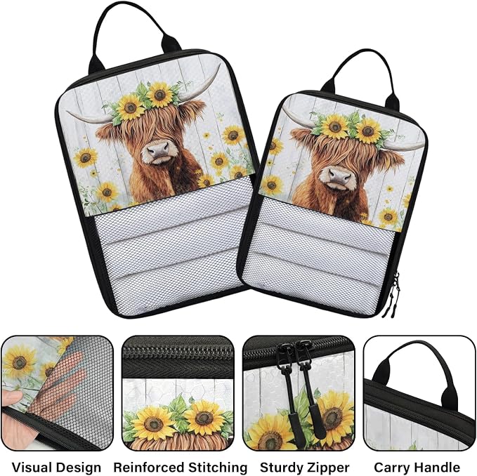 Highland Cow 6 Set Compression Packing Cubes Funny Cattle Bull Cow Expandable Packing Organizer for Travel Accessories Luggage Suitcase Bag