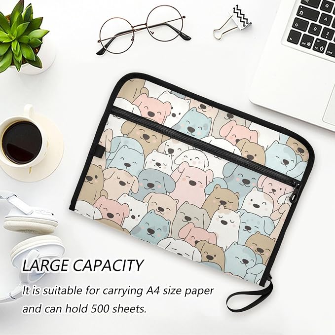Cute Cartoon Dogs Expanding File Folder with Sticky Labels, 13 Pockets Accordion File Folder Document Organizer Expandable Zip File Folder with Zipper Closure
