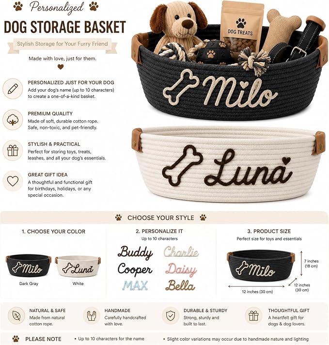 JUPPE Pet Dog Basket with Personalized Name, Dog Toys Storage Organizer Custom Cotton Rope Basket Nursery Decor (For pet)