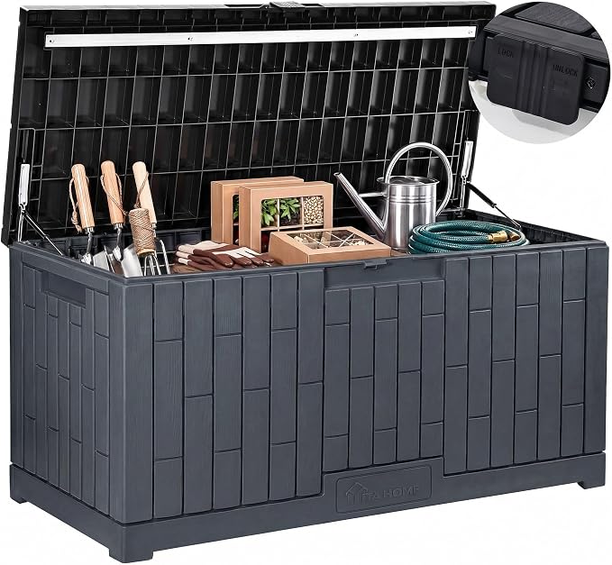 YITAHOME Large Deck Box 120 Gallon Resin Outdoor Storage Box | Patio Storage Bin Bench Seat for Outdoor Pillows, Garden Tools and Pool Supplies, Waterproof Lockable, Dark Gray