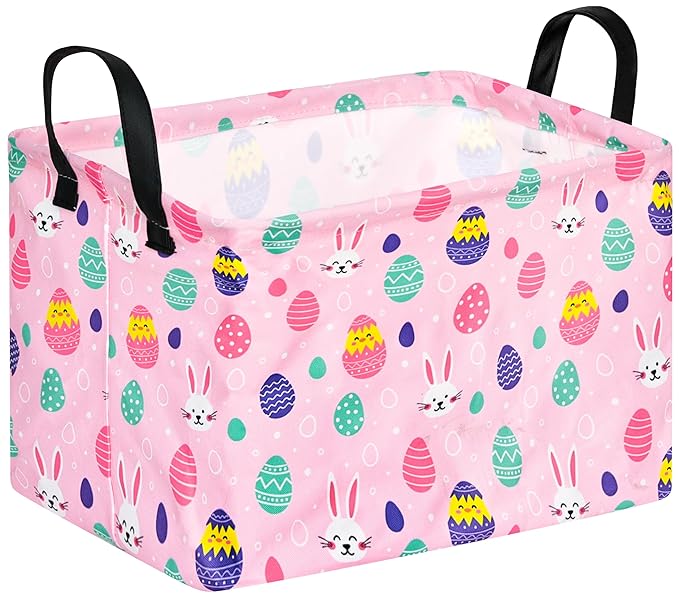 Rectangular Easter Basket Storage Bin for Shelves Cute Gifts Baskets Foldable Box with Handles for Boy and Girl Home Office Car Dormroom Easter Party Supplies