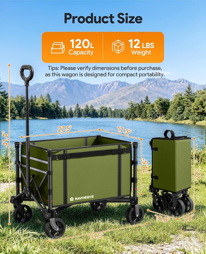 Collapsible Wagon with Wheels,120L Wagon Cart for Camping Groceries Beach | 220lbs Capacity Wagon Carts Foldablet,Smallest Folding Size,Lightweight Portable,Adjustable Handle,Transport long items