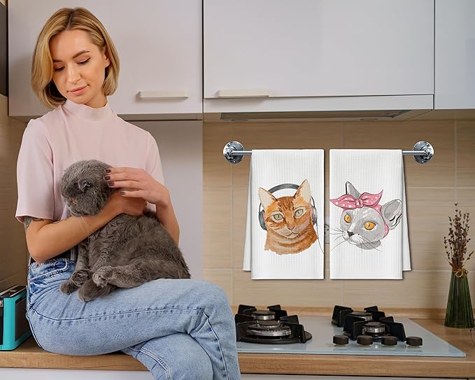 Kitchen Towels Set of 2, Headphone Cat Dish Towel for Kitchen, Funny Pink Bow Kitten Hand Towels for Bathroom, Fast Drying Tea Towel, Housewarming Xmas Gifts for Cat Lover Women Mom -B09