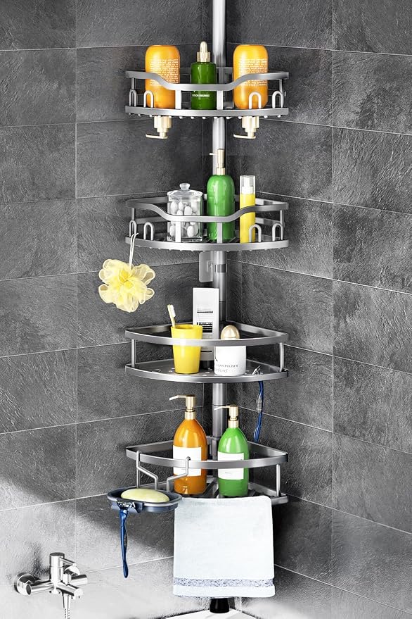 HAMITOR Corner Shower Caddy Tension Pole: Rustproof 4-Tier Bathroom Organizer Shelves for Bathtub Shampoo Storage - 47-121 Inch Quick Install Adjustable Rod Standing Rack with Soap Rack - Silver Gray | Rustproof Organizer 4-Tier Shelves , 47-121 In Rod...