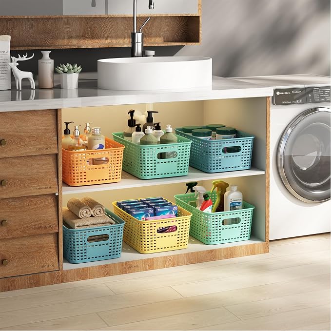 ORGIDOL Plastic Storage Basket with Lids 12 Pack Stackable Colorful Storage Bins Containers with Lid, Decorative Storage Boxes for Organizing Shelves, Drawers, Playroom, Classroom, Office, Closet