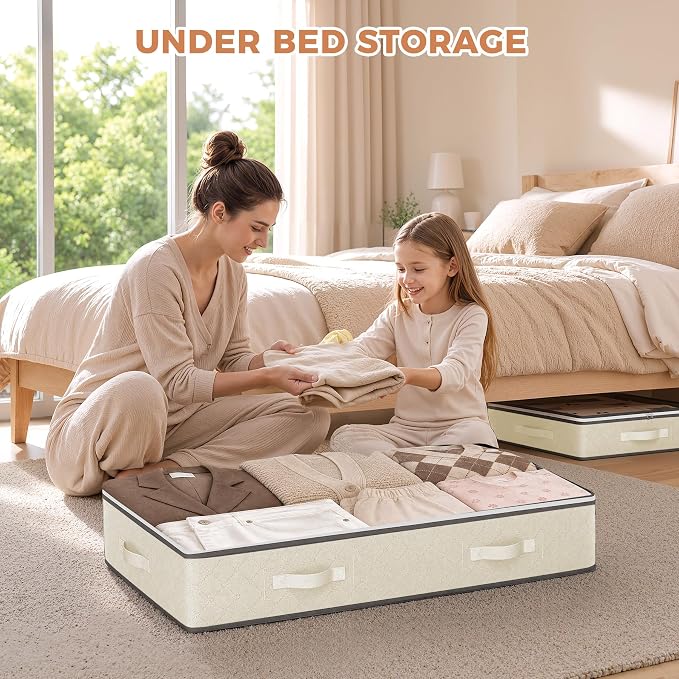 4 Pack Under Bed Storage Containers with Clear Lids, Beige | Underbed Storage Bags for Blankets, Towels, Comforter, Sweaters, Linen Sheets, Wrapping Paper