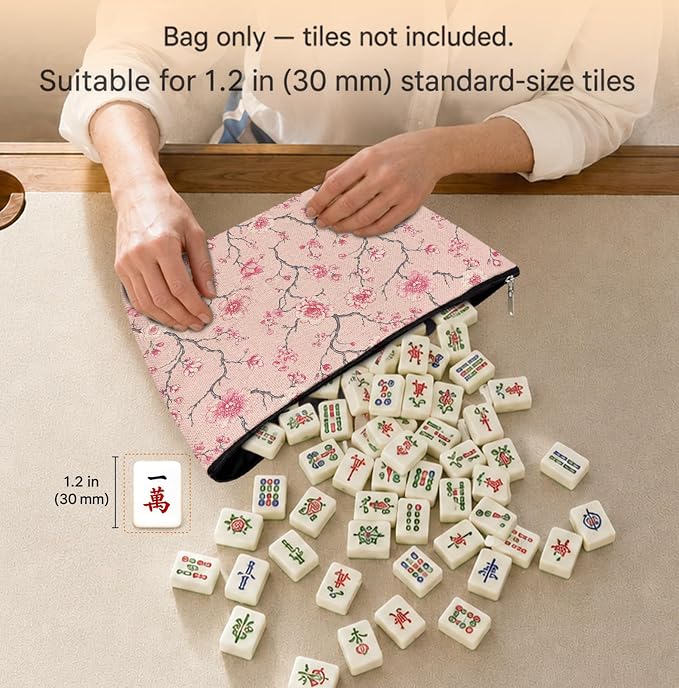 Pink Japanese Cherry Blossom Empty Mahjong Tile Bag 13x7.8in | Pink Floral Aesthetic Printed Portable Organizer Zipper Pouch for American Mahjong Tiles Accessories and Gifts