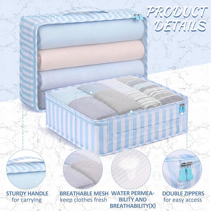 Silkfly 8 Pcs XL Packing Cube for Travel Luggage,Stripe,Blue, White | 17.7 x 13 x 4.7, Same Size, Blue White Stripe Suitcase Storage Organizer Set, Reusable Mesh Clothes Cube for Camp Family