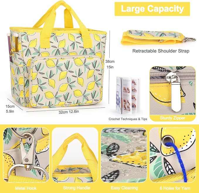 Katech Yarn Storage Bag Large Capacity Crochet Bag Organizer for Crocheter | Yarn Organizer Crochet Tote Bag for Carry Projects Crochet Supplies Knitting Accessories, Yarn Storage Bag w/ Shoulder Strap