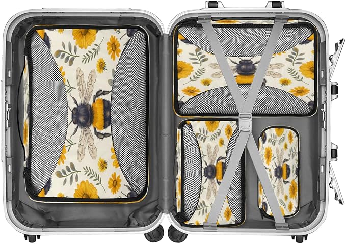 4 Set Packing Cubes for Travel, Bumble Bee Packing Cubes for Women, Travel Luggage Packing Organizers, Packing Cube Set, Honeybees Flowers