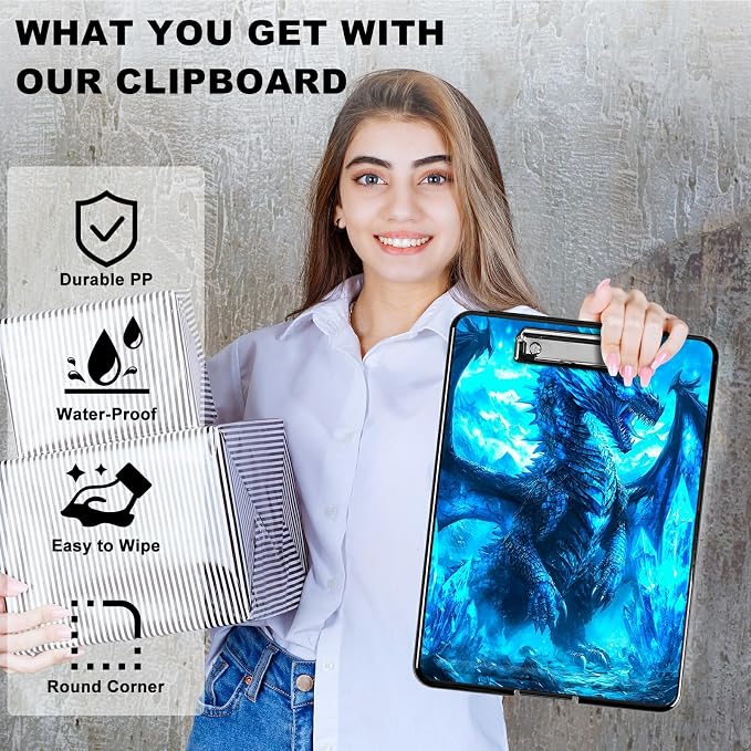 Blue Snow Dragon A4 Clipboard with Storage Pen Holder, Clipboards Organizer Nursing Clipboard Foldable File Folder Plastic Clipboard Folio Clip Board for Office Students Classroom Doctor