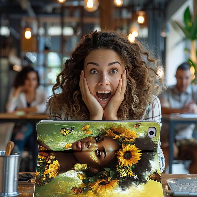 for Microsoft Surface Pro 7 Plus,Surface Pro 7/6/5/4 12.3" Tablet Case,Auto Wake/Sleep,Adjustable Stand Protective Cover - Sunflower Butterfly African Girl