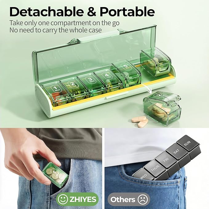 Weekly Pill Organizer,Portable 7 Day Pill Box,Moisture Proof Medicine Pill Organizer,Travel Pill Case with BPA-Free Material,Pocket-Size for Supplements & Vitamins (Green)