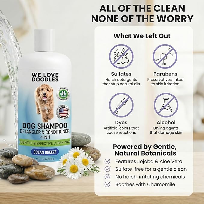 Dog Shampoo, Conditioner & Detangler-Best Shampoo for Goldendoodles, Poodles & Doodles Pet Hair -Hypoallergenic, Tearless, Sensitive Skin for Puppies & All Dog Breeds -Made in USA,16OZ (Ocean Breeze)