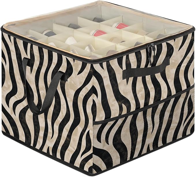 TropicalLife Zebra Print Shoe Organizer for Closet | Animal Skin Foldable Shoe Storage Organizer Box Bin with Adjustable Dividers and Clear Cover, Fits up to 16-32 Pairs